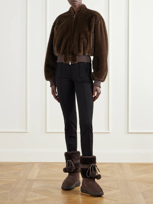Image of Boots. Product name - Shearling-trimmed Suede Knee Boots in Chocolate colour by brand - Jimmy Choo
