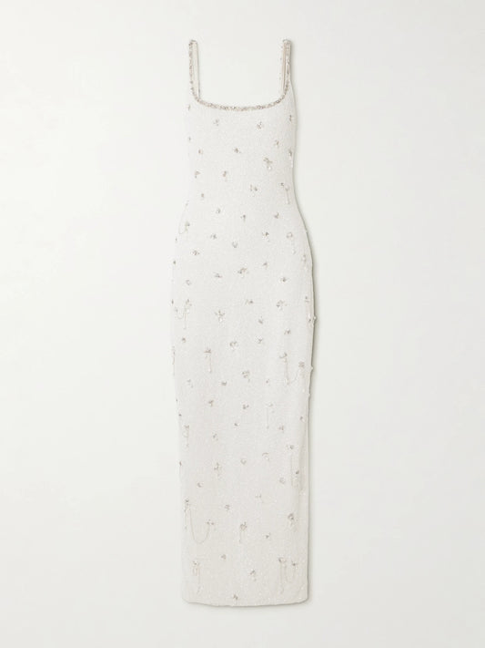 Image of Dresses. Product name - Droplet Embellished Beaded Stretch-tulle Gown in Ivory colour by brand - Clio Peppiatt