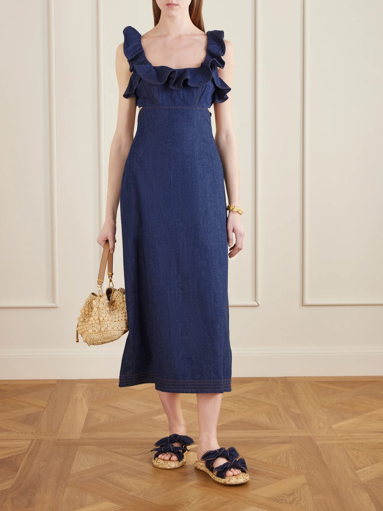 Image of Dresses. Product name - Aster Ruffled Denim Midi Dress in Blue colour by brand - Zimmermann