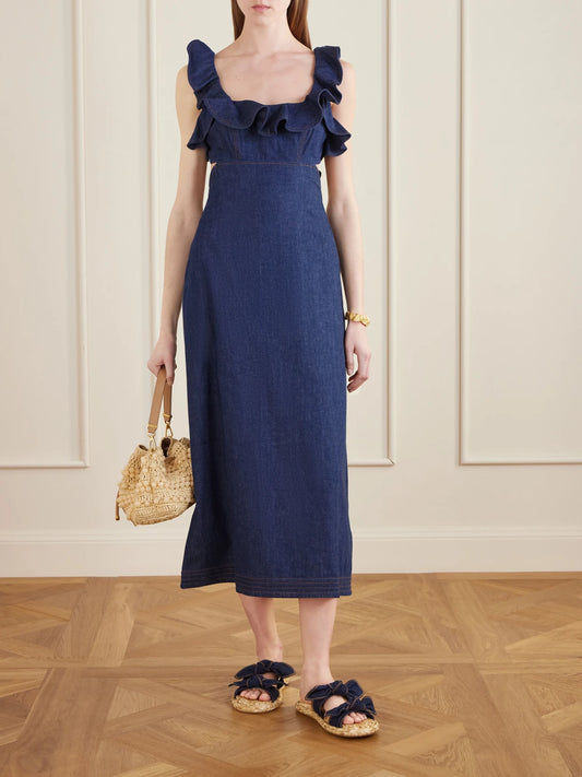 Image of Dresses. Product name - Aster Ruffled Denim Midi Dress in Blue colour by brand - Zimmermann
