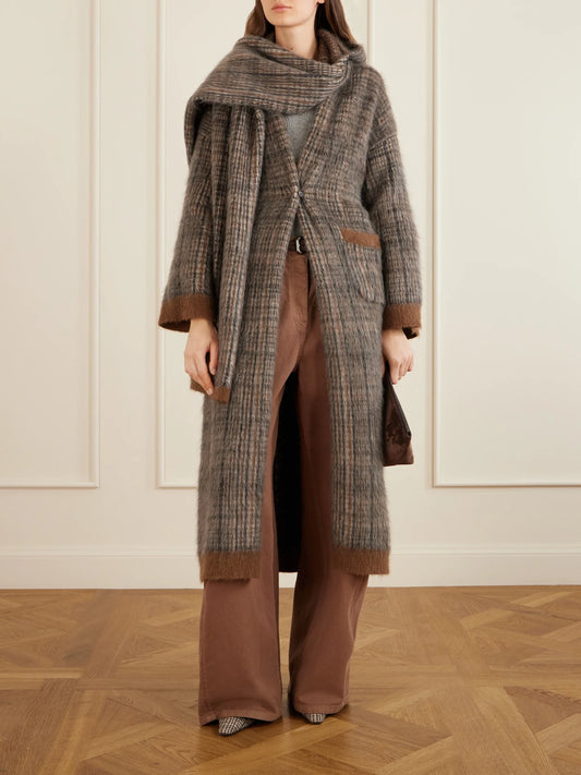 Image of Coats & Jackets. Product name - Scarf-detailed Belted Checked Brushed Wool-blend Coat in Gray colour by brand - Brunello Cucinelli