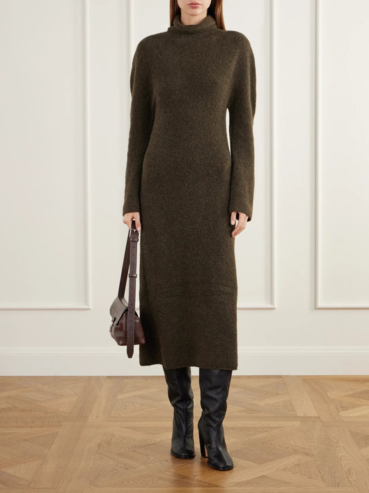 Image of Dresses. Product name - Alpaca-blend Felt Turtleneck Midi Dress in Green colour by brand - Lauren Manoogian