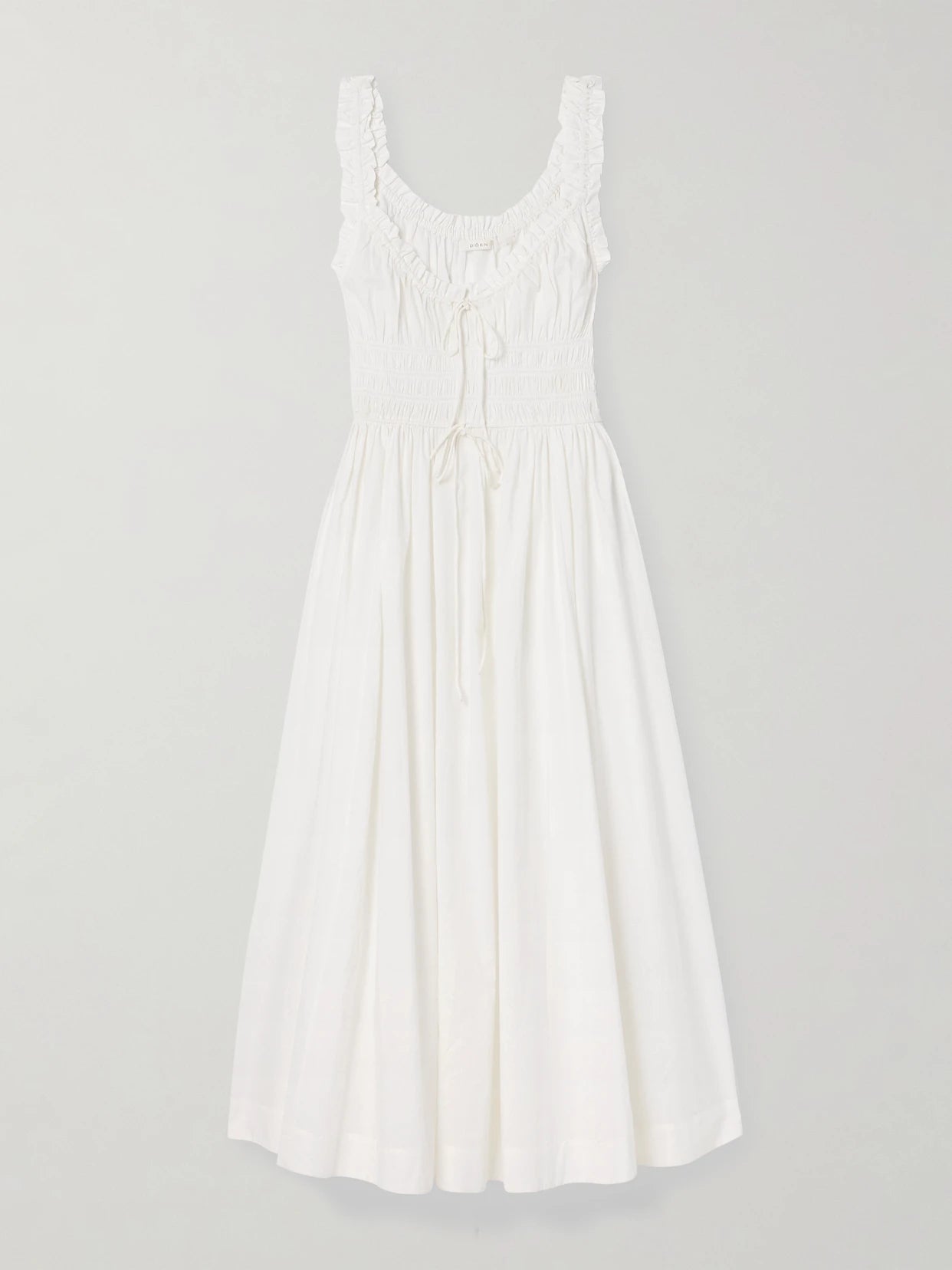 Image of Dresses. Product name - Emmaretta Tie-detailed Shirred Cotton-voile Midi Dress in White colour by brand - DÔEN