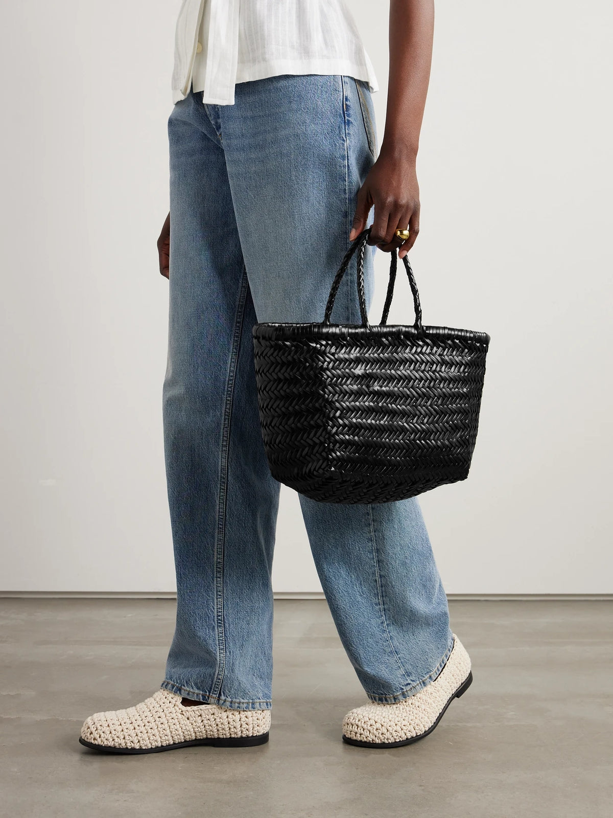 Image of Bags. Product name - Bamboo Triple Jump Small Woven Leather Tote in Black colour by brand - Dragon Diffusion