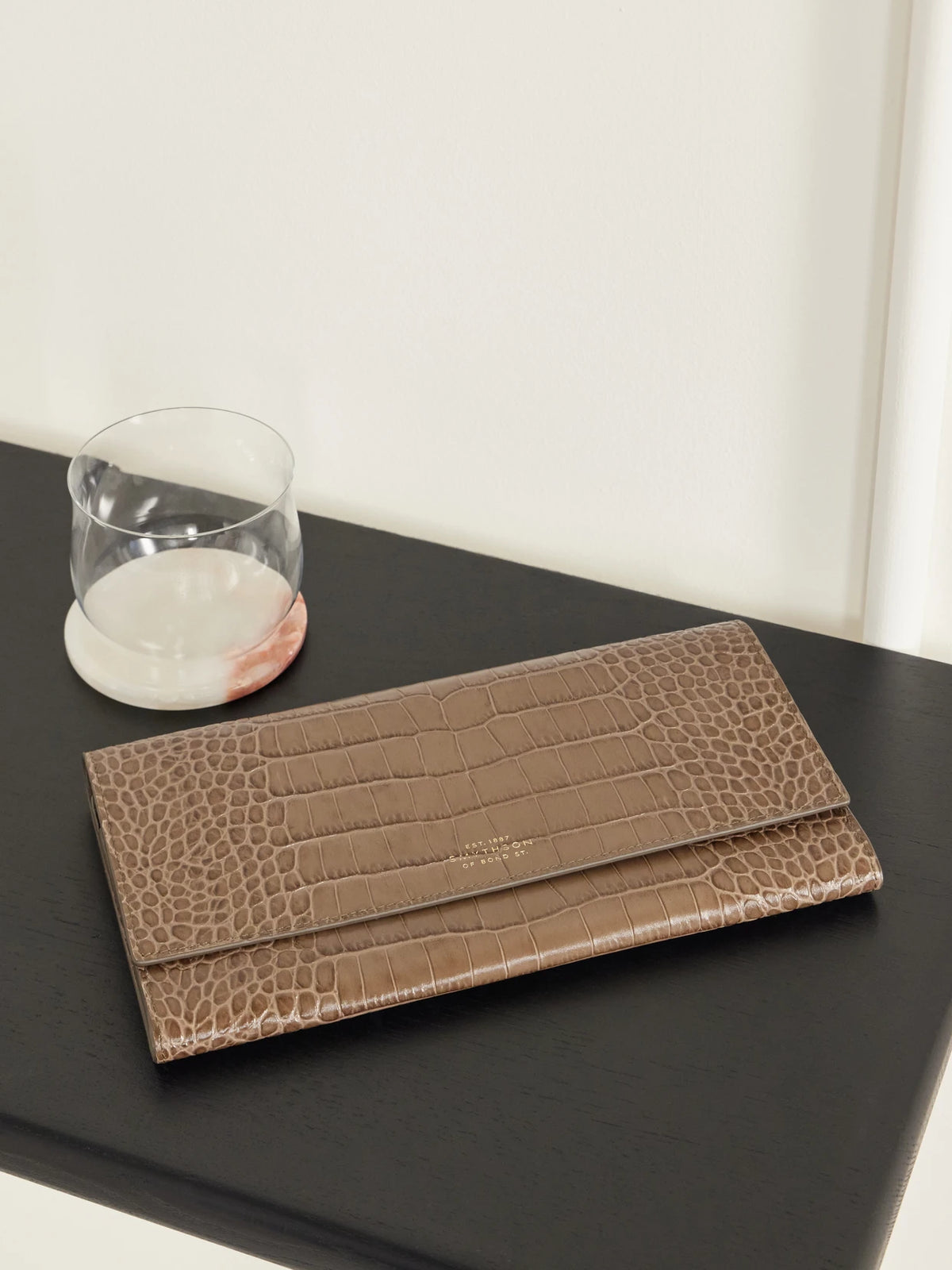 Image of Decor. Product name - Mara Croc-effect Leather Jewelry Case in Brown colour by brand - Smythson