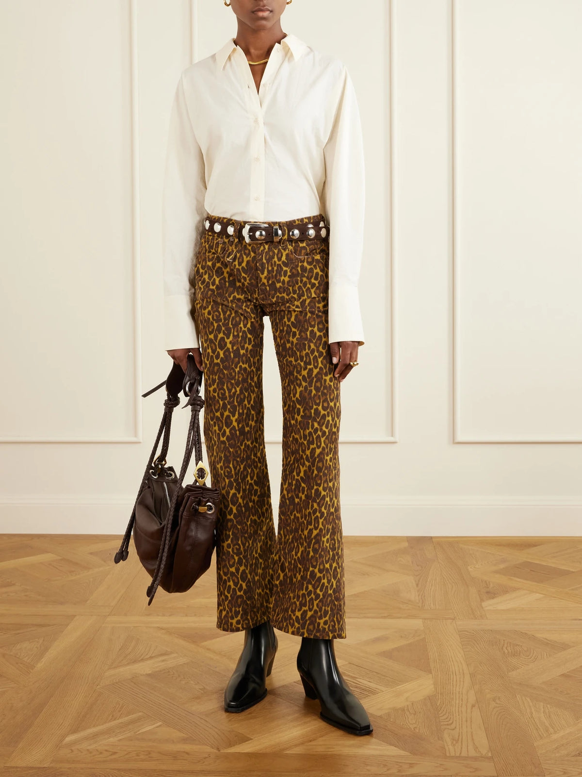 Image of Jeans. Product name - Joan Cropped Animal-print Flared Jeans in Leopard print colour by brand - R13