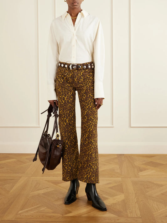 Image of Jeans. Product name - Joan Cropped Animal-print Flared Jeans in Leopard print colour by brand - R13