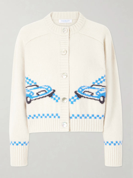 Image of a model wearing Outerwear. Product name - Embroidered Cashmere Cardigan in Cream colour by brand - Calle Del Mar
