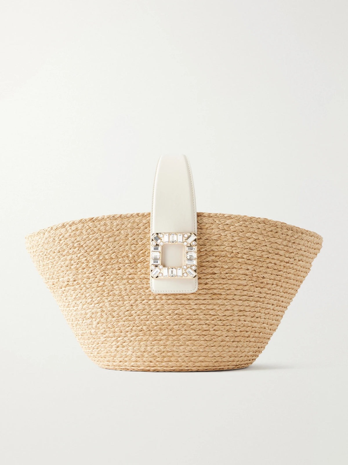 Embellished Leather-trimmed Raffia-effect Tote Bag