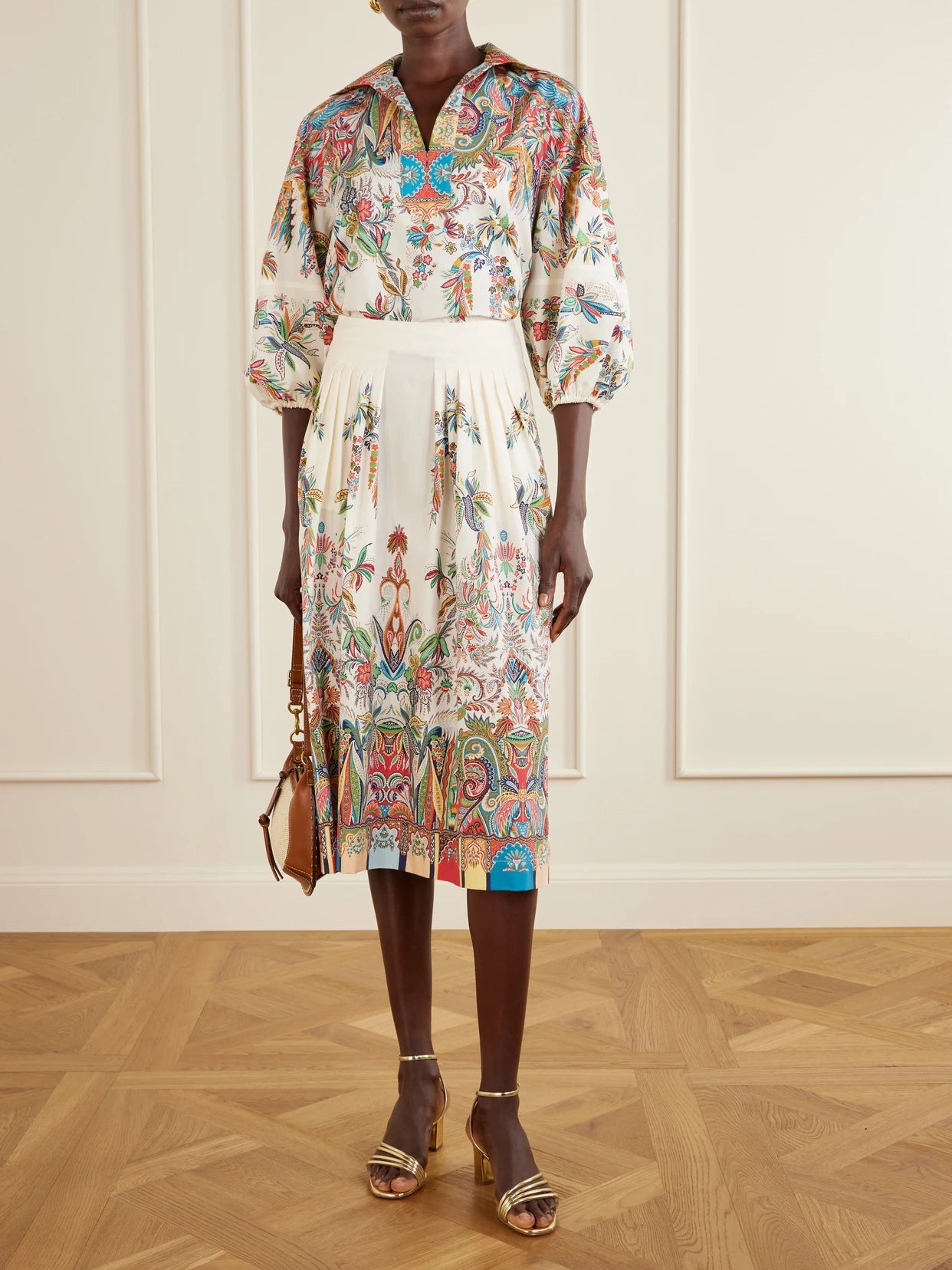 Image of Blouses. Product name - Floral-print Cotton-poplin Blouse in White colour by brand - Etro