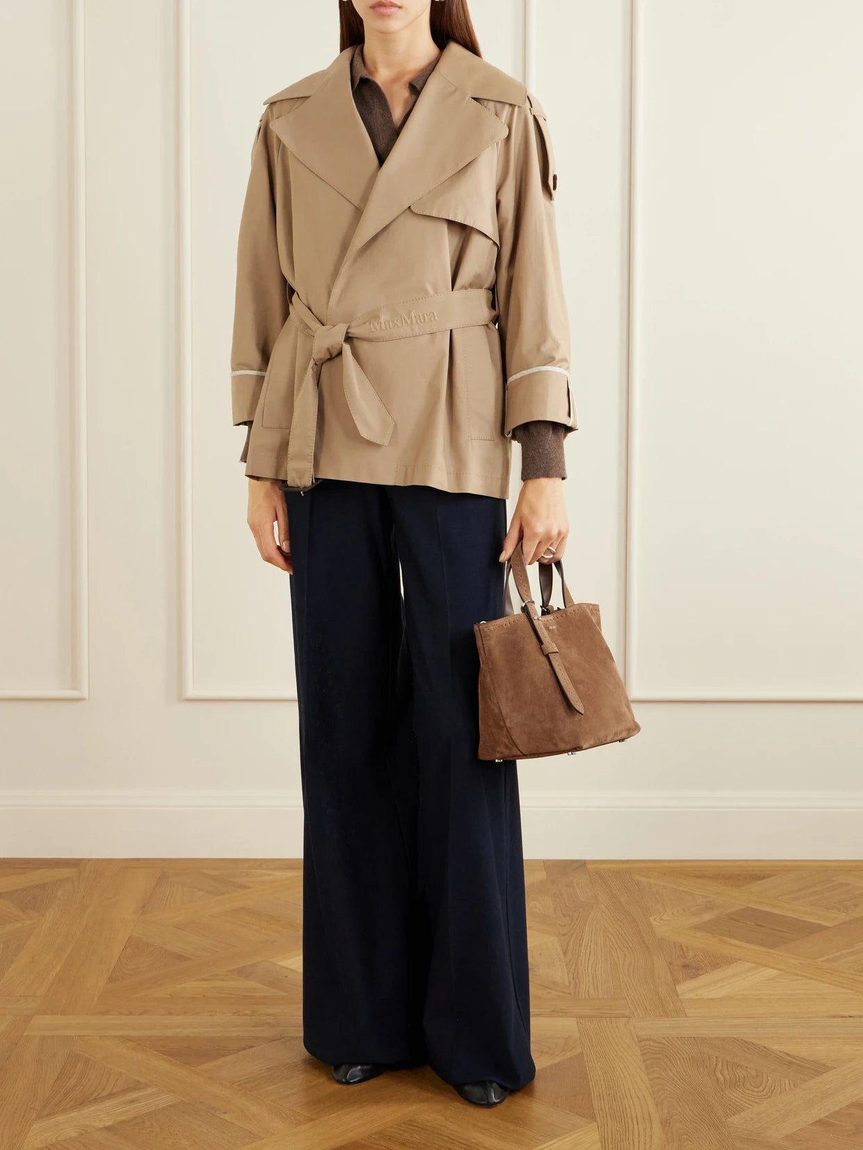Image of a model wearing Pants. Product name - Mxmpinza Cotton-jersey Wide-leg Pants in Navy colour by brand - Max Mara
