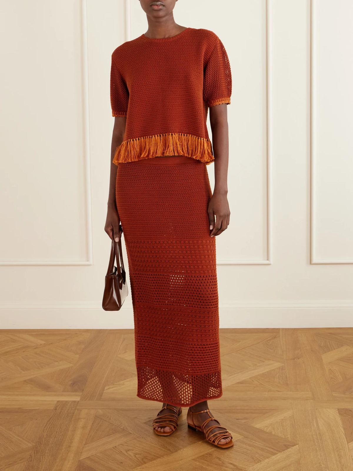 Image of T-Shirts. Product name - Amada Fringed Crocheted Cotton T-shirt in Brick colour by brand - ESCVDO