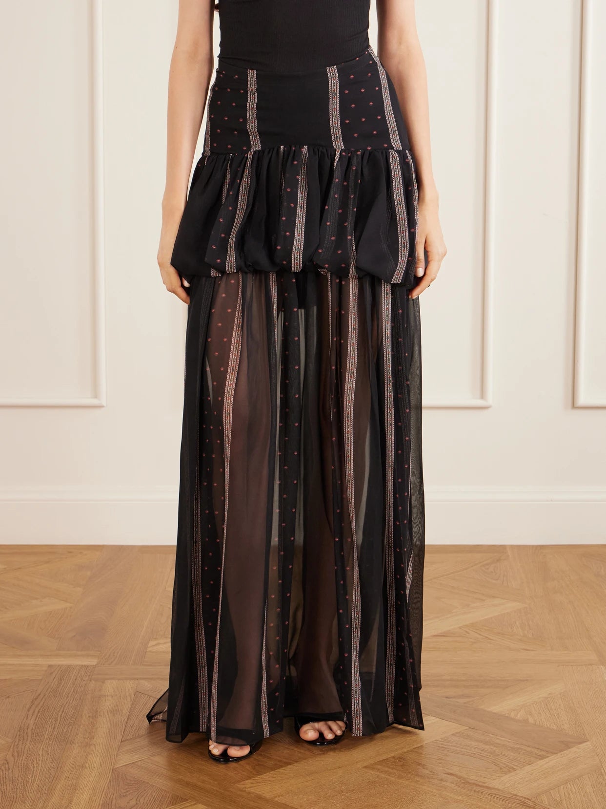 Nina Striped Peplum Silk Maxi Skirt