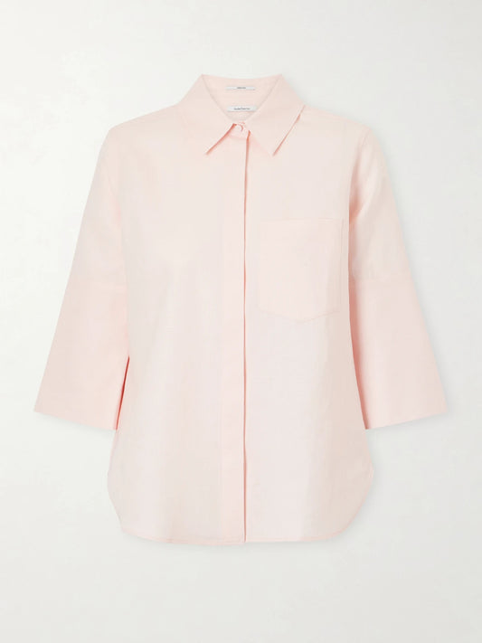 Image of a model wearing Tops. Product name - Linen-canvas Shirt in Pastel pink colour by brand - Another Tomorrow