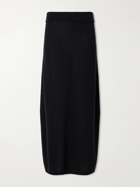 Image of a model wearing Skirts. Product name - Lyocell And Cashmere-blend Knitted Maxi Skirt in Black colour by brand - TOTEME