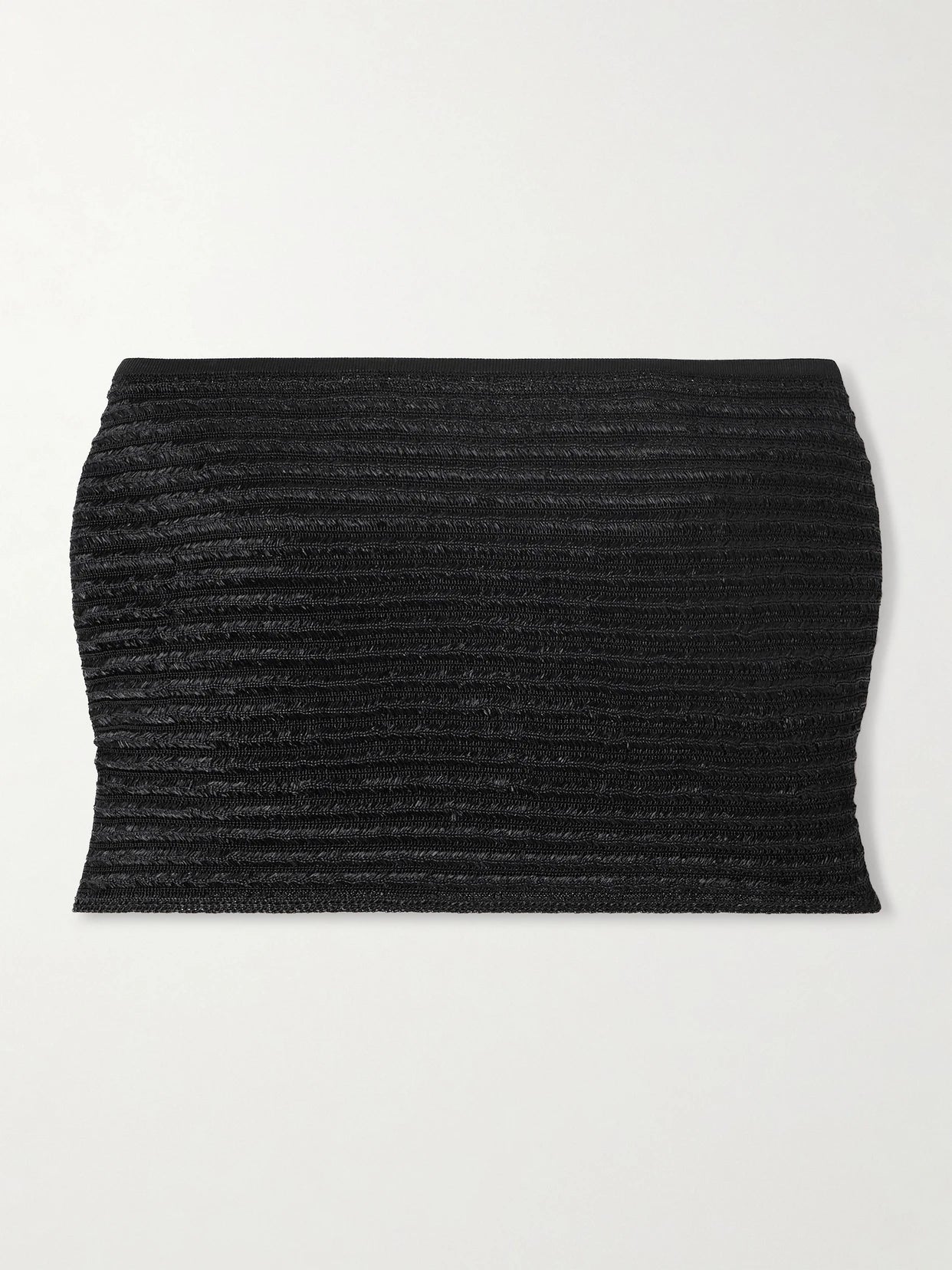 Image of a model wearing Tops. Product name - Cropped Ribbed-knit Bandeau Top in Black colour by brand - Alaïa
