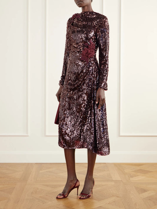 Image of Dresses. Product name - Draped Floral-appliquéd Sequin Midi Dress in Burgundy colour by brand - Erdem