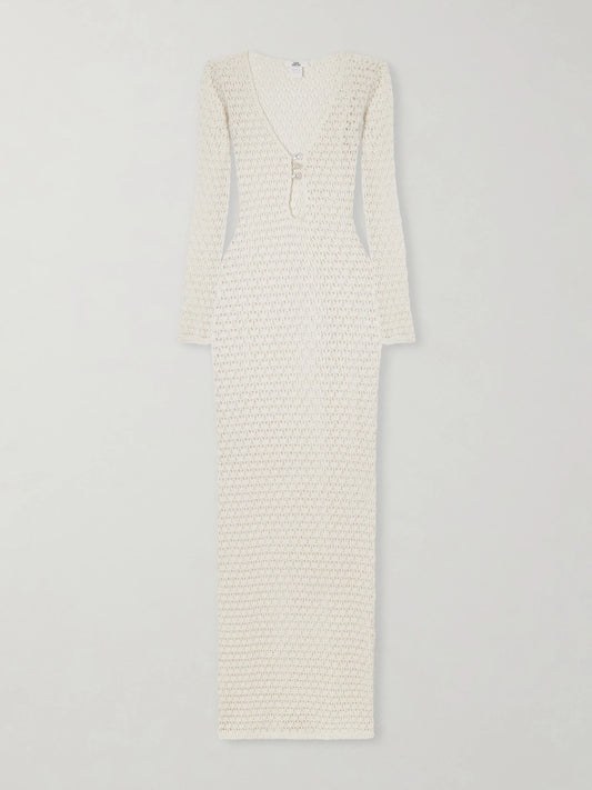 Image of Swimwear. Product name - Marina Pearl-embellished Crocheted Cotton Coverup in Ecru colour by brand - Sara Cristina