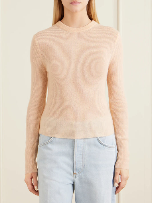 Image of a model wearing Outerwear. Product name - Alessia Wool And Cashmere-blend Sweater in Peach colour by brand - Citizens of Humanity