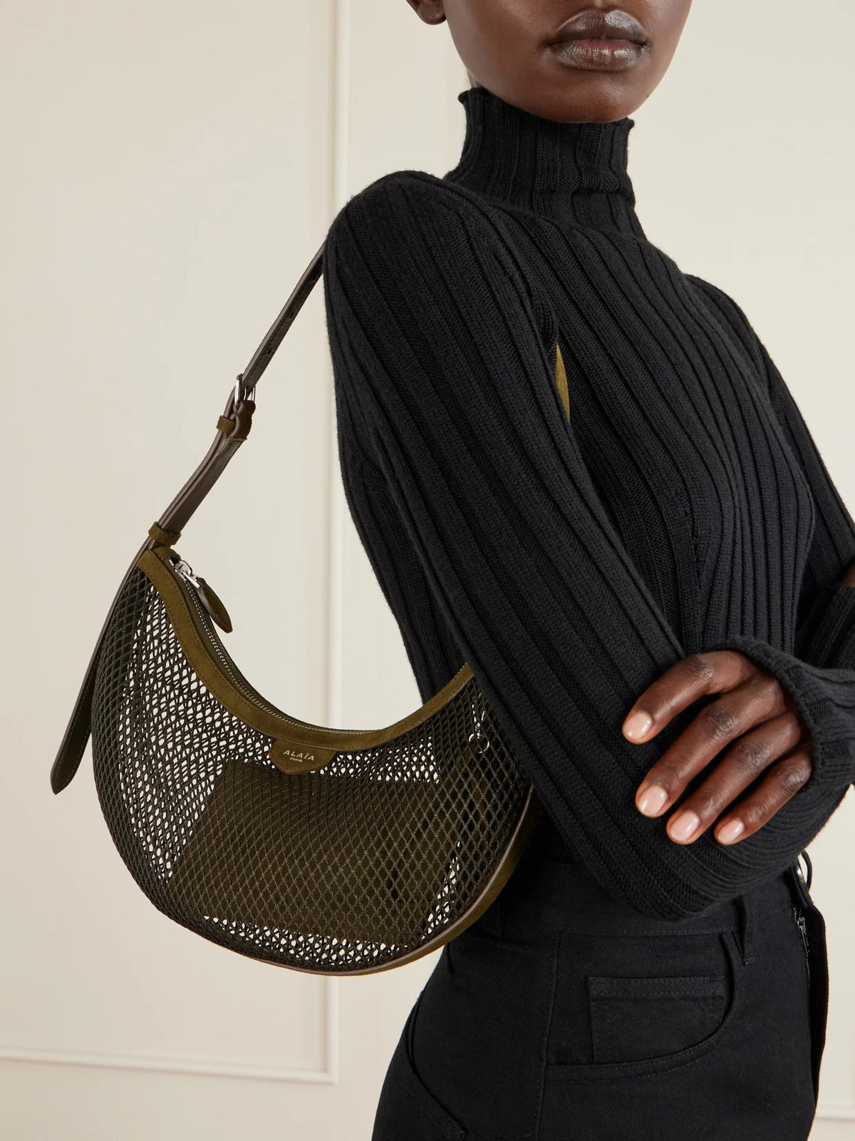 Image of Bags. Product name - Demi Lune Suede-trimmed Mesh Shoulder Bag in Army green colour by brand - Alaïa