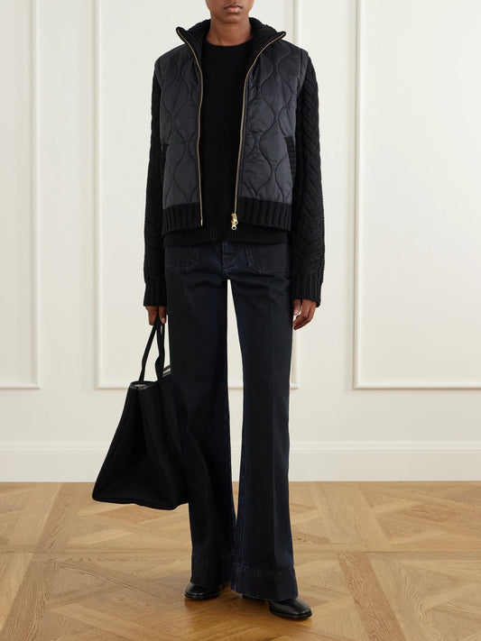 Image of Coats & Jackets. Product name - Patra Padded Cable-knit Wool-blend And Quilted Shell Jacket in Black colour by brand - Veronica Beard