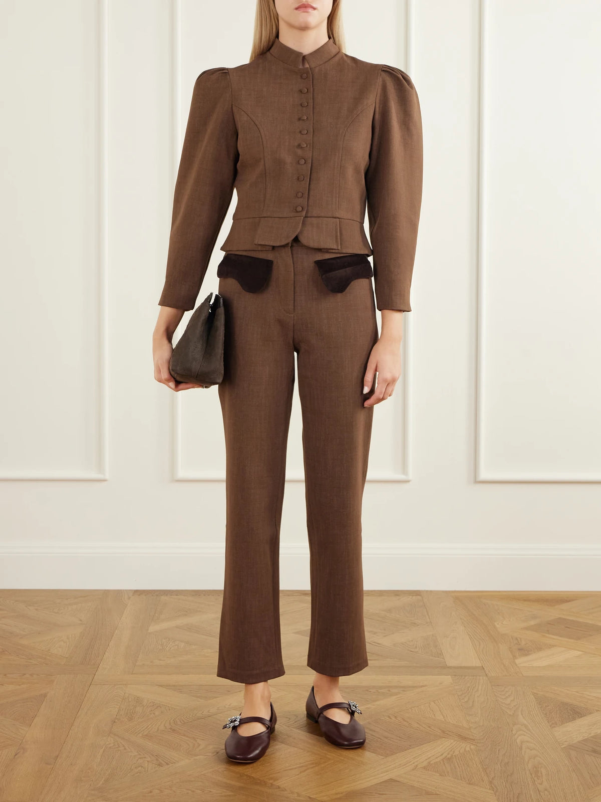 Image of Outfit Sets. Product name - Amoako Stretch Drill Blazer in Brown colour by brand - DESTREE