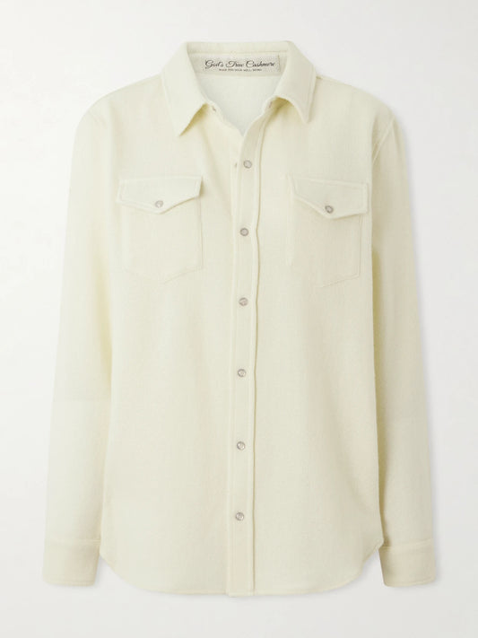 Image of a model wearing Tops. Product name - Cashmere Shirt in Pastel yellow colour by brand - God's True Cashmere