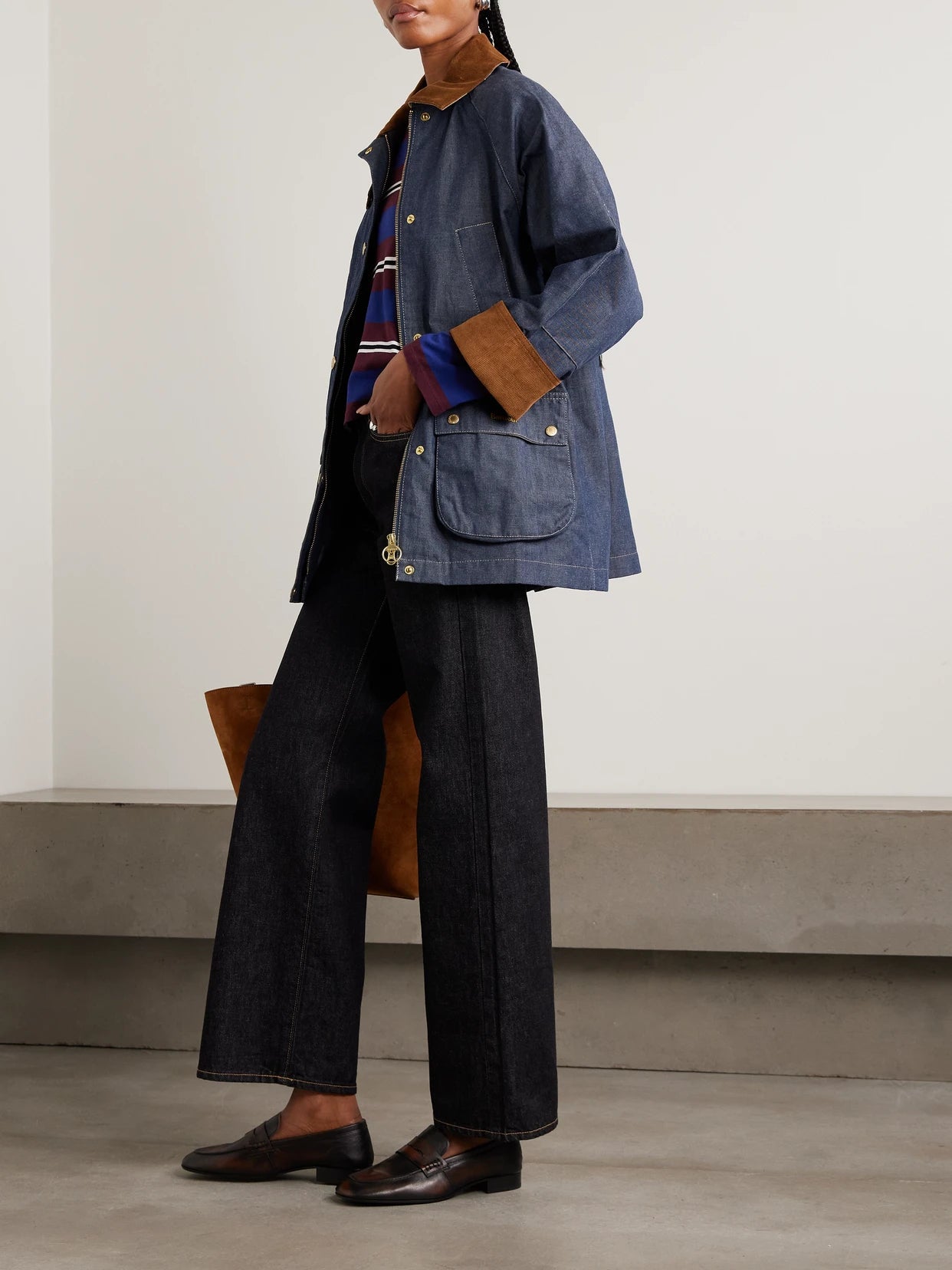 Image of Coats & Jackets. Product name - Asker Cotton Corduroy-trimmed Denim Jacket in Indigo colour by brand - Barbour