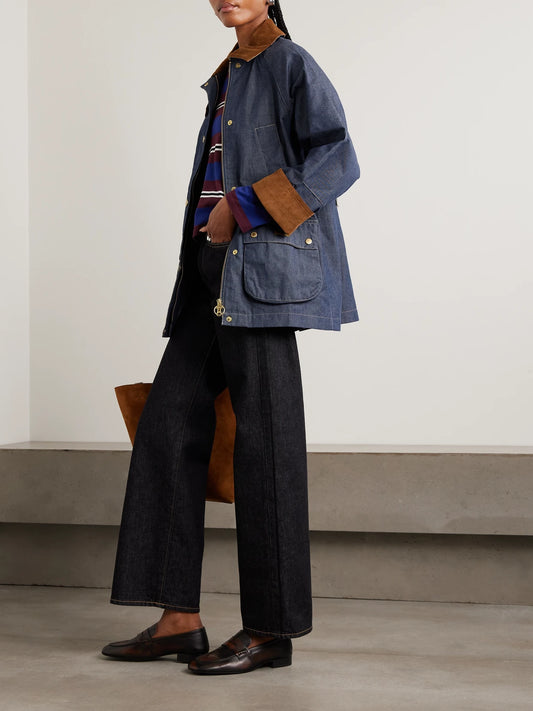 Image of Coats & Jackets. Product name - Asker Cotton Corduroy-trimmed Denim Jacket in Indigo colour by brand - Barbour
