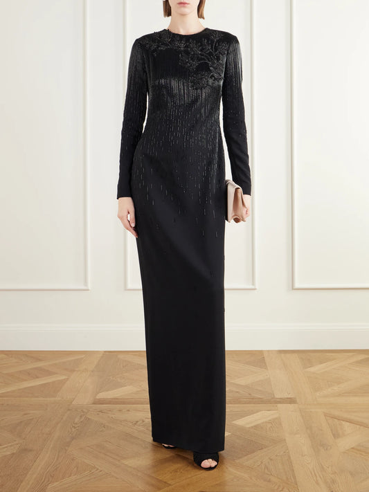 Image of Dresses. Product name - Floral-appliquéd Bead-embellished Stretch-crepe Gown in Black colour by brand - Oscar de la Renta