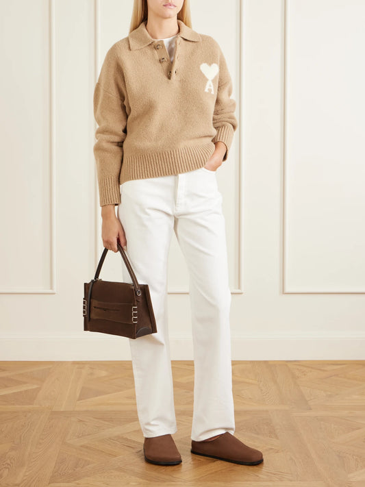 Image of a model wearing Outerwear. Product name - Logo-embroidered Wool-blend Polo Shirt in Tan colour by brand - AMI PARIS