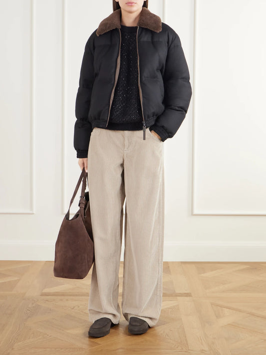 Image of Coats & Jackets. Product name - Quilted Shearling-trimmed Wool-twill Down Jacket in Black colour by brand - Brunello Cucinelli
