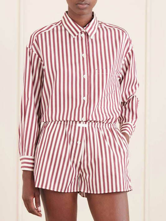 Image of Lingerie. Product name - House Striped Cotton-poplin Pajama Shorts in Burgundy colour by brand - Eres