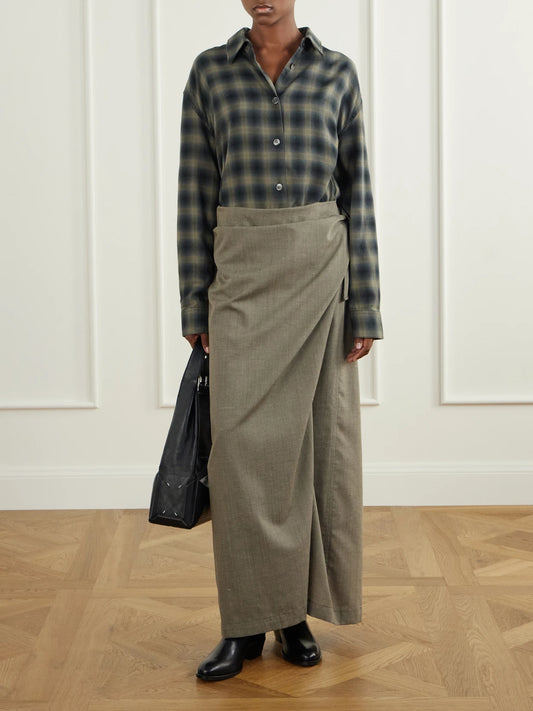 Image of Dresses. Product name - Twisted Shirt Check Cotton And Wool-blend Wrap Maxi Dress in Green colour by brand - Our Legacy