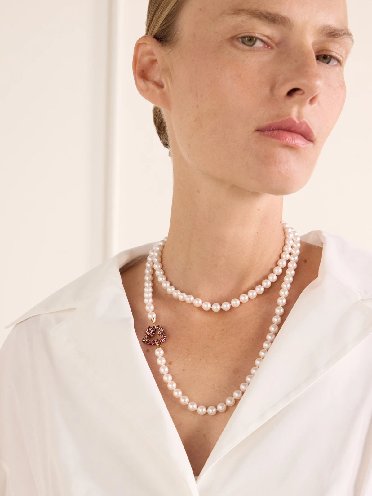 Image of Necklaces. Product name - Heartlock 14-karat Yellow Gold, Ruby And Pearl Necklace in Multi colour by brand - Marla Aaron