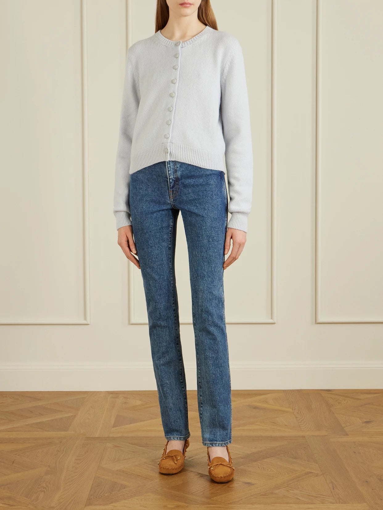 Image of Jeans. Product name - Daria High-rise Slim-leg Jeans in Mid denim colour by brand - KHAITE