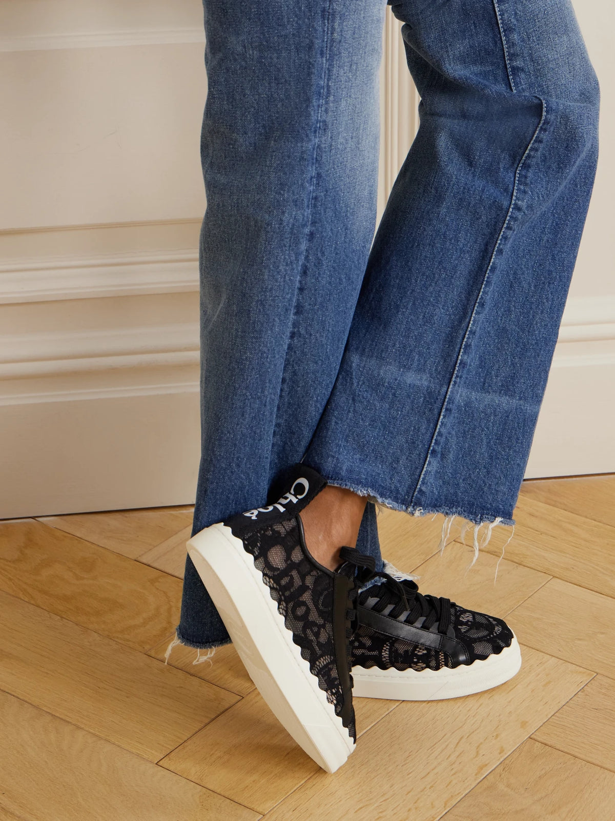 Lauren Scalloped Logo-detailed Lace And Leather Sneakers