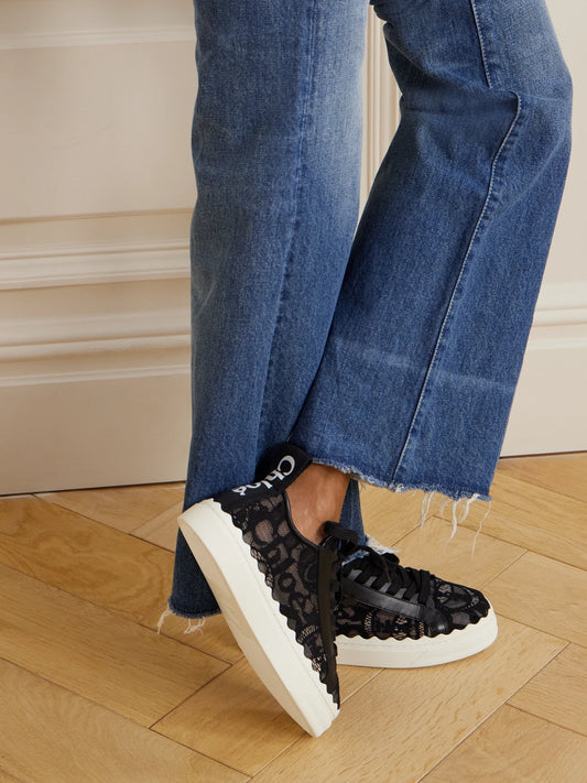 Lauren Scalloped Logo-detailed Lace And Leather Sneakers