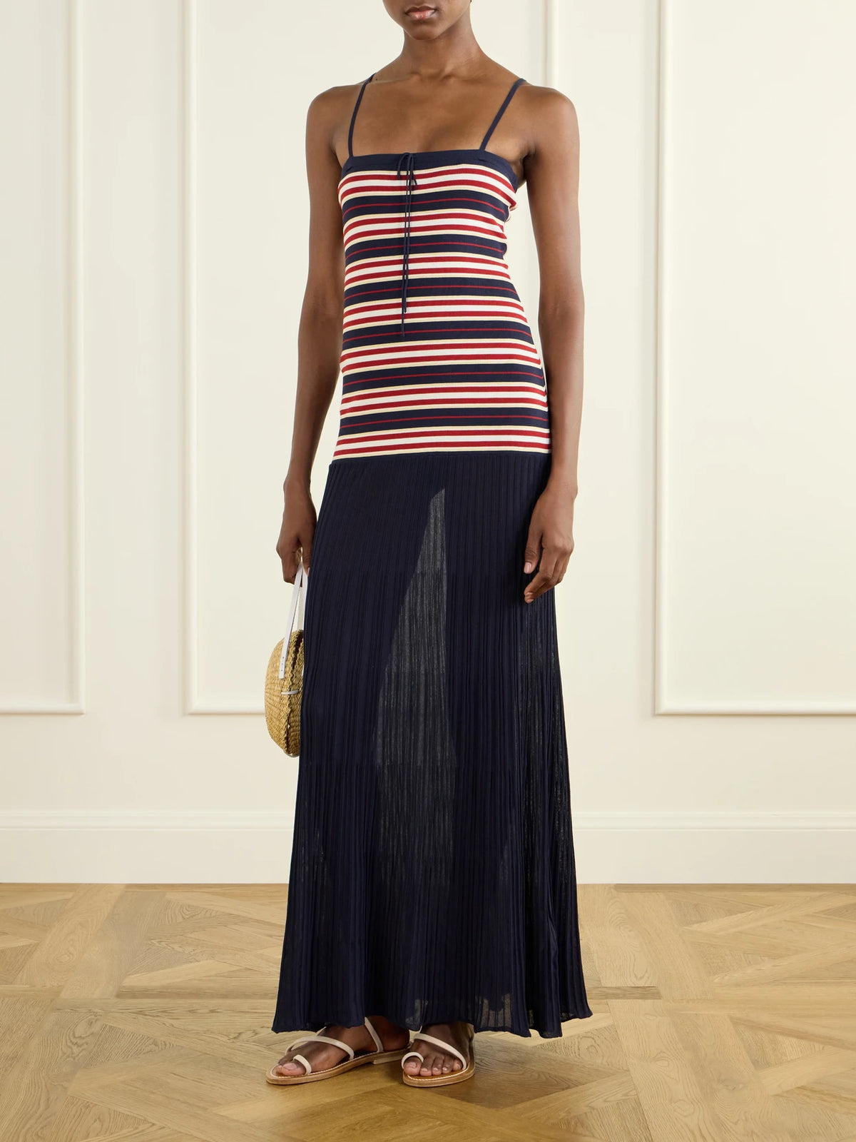 Image of Dresses. Product name - Doris Bow-detailed Striped Cotton-blend Maxi Dress in Navy colour by brand - Faithfull