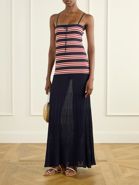 Image of Dresses. Product name - Doris Bow-detailed Striped Cotton-blend Maxi Dress in Navy colour by brand - Faithfull