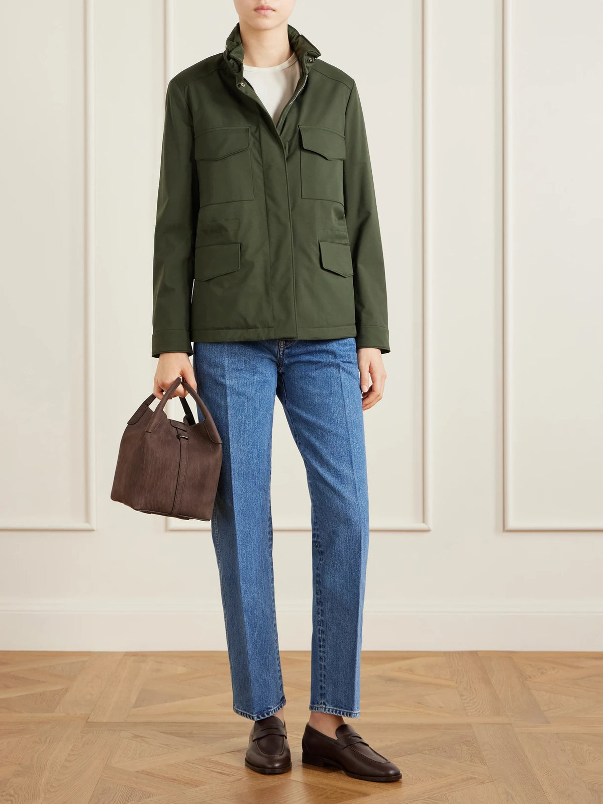 Image of Coats & Jackets. Product name - Traveller Mini Windmate Shell Jacket in Army green colour by brand - Loro Piana