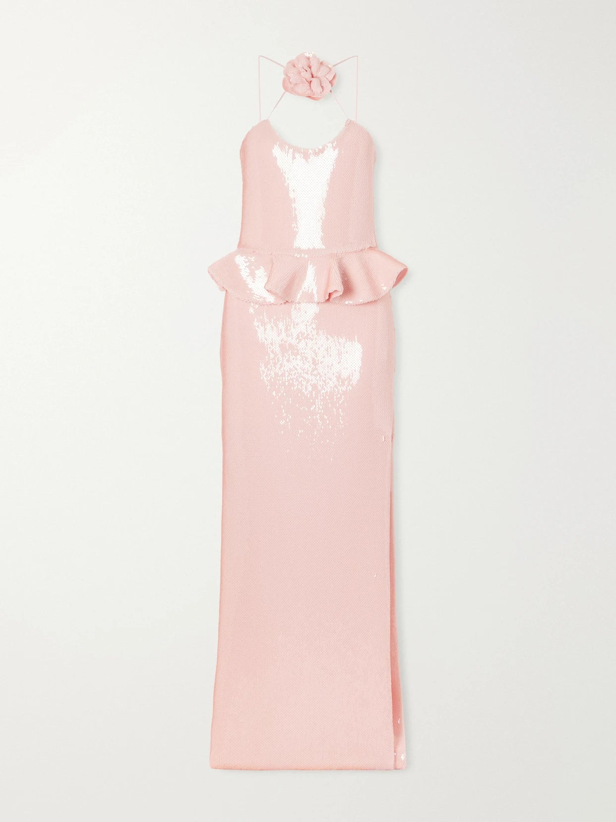 Floral-appliquéd Ruffled Sequined Mesh Halterneck Gown