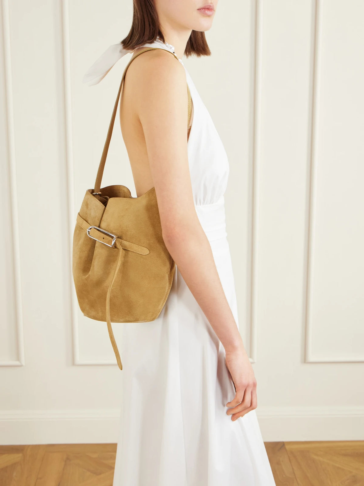 Belted Suede Bucket Bag