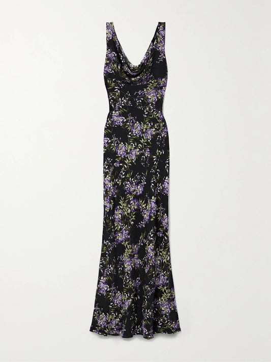 Image of Dresses. Product name - Draped Floral-print Georgette Gown in Black colour by brand - Norma Kamali