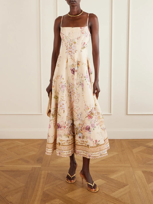 Image of Dresses. Product name - Crystal-embellished Printed Linen And Silk-blend Midi Dress in Cream colour by brand - Camilla