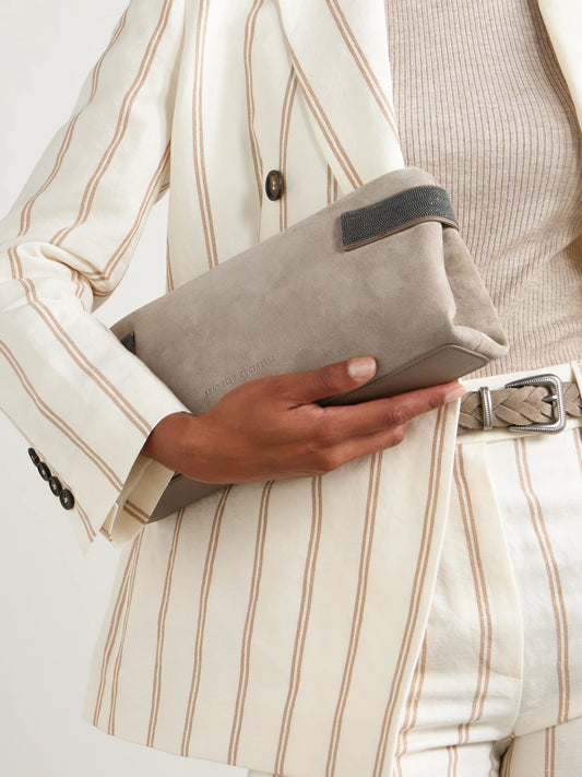 Image of Bags. Product name - Bead-embellished Leather-trimmed Suede Clutch in Gray colour by brand - Brunello Cucinelli