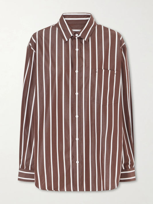 Image of a model wearing Tops. Product name - Striped Organic Cotton-poplin Shirt in Brown colour by brand - Matteau
