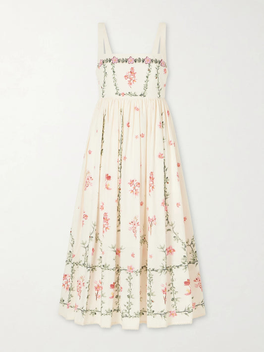 Image of Dresses. Product name - Barbara Floral-printed Cotton Midi Dress in Cream colour by brand - Agua by Agua Bendita