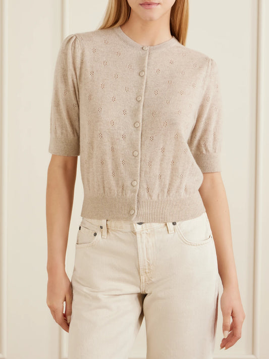 Image of a model wearing Outerwear. Product name - Raina Pointelle-knit Wool And Cashmere-blend Cardigan in Taupe colour by brand - Citizens of Humanity
