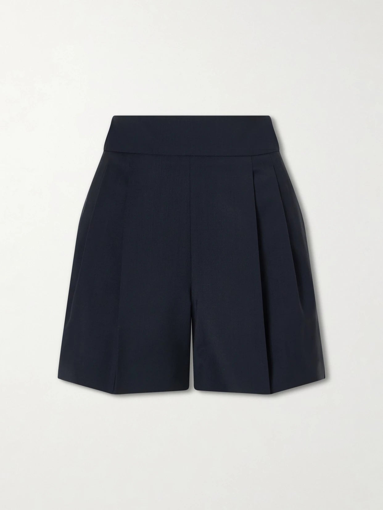 Image of a model wearing Shorts. Product name - Pleated Wool Shorts in Navy colour by brand - Max Mara